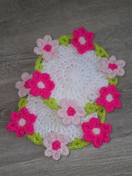 Handmade Other - Handmade White Crochet Coasters with Pink Flower Accents Set Of 2
